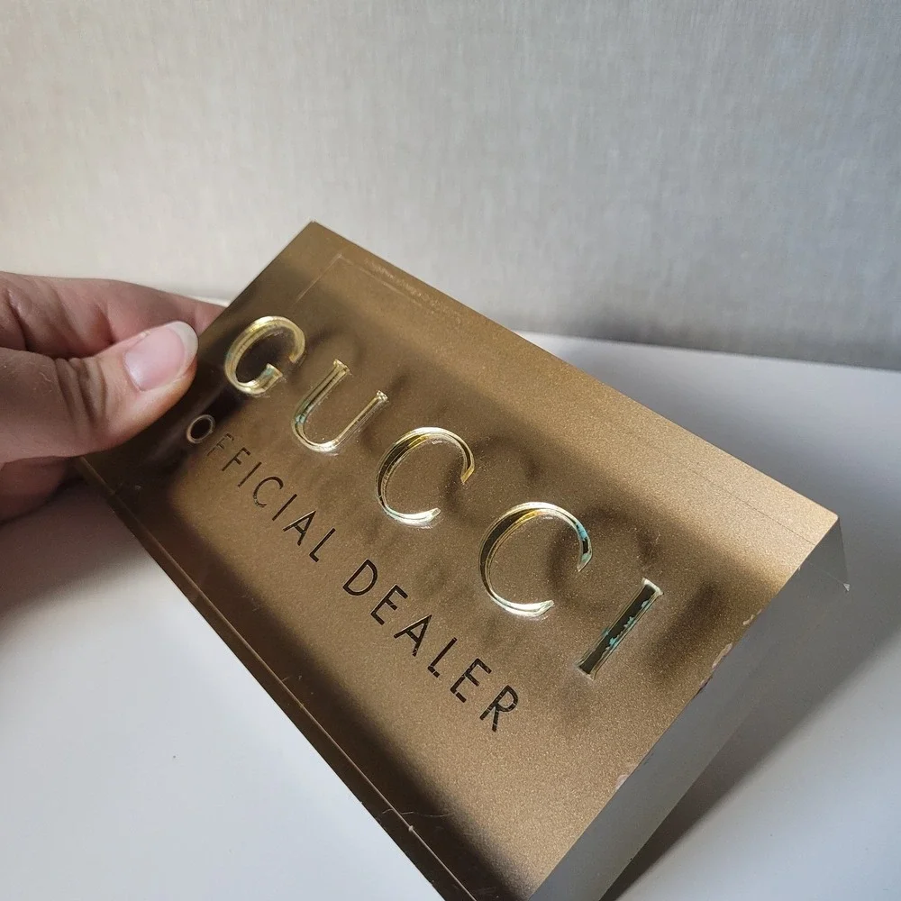 Gucci Official Dealer Lucite Logo Sign Gold Acrylic Display Block Boutique Decor